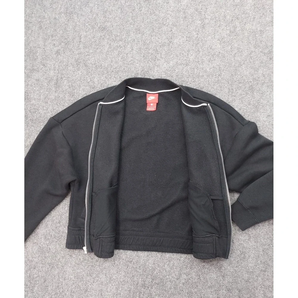 NIKE AIR Jacket Women Small Fleece Black Full Zip Logo Spellout on Back Athletic